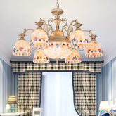 White and Gold Stained Glass Mosaic Chandelier - Tiffany Inspired Hanging Lamp Kit (9/11 Lights)